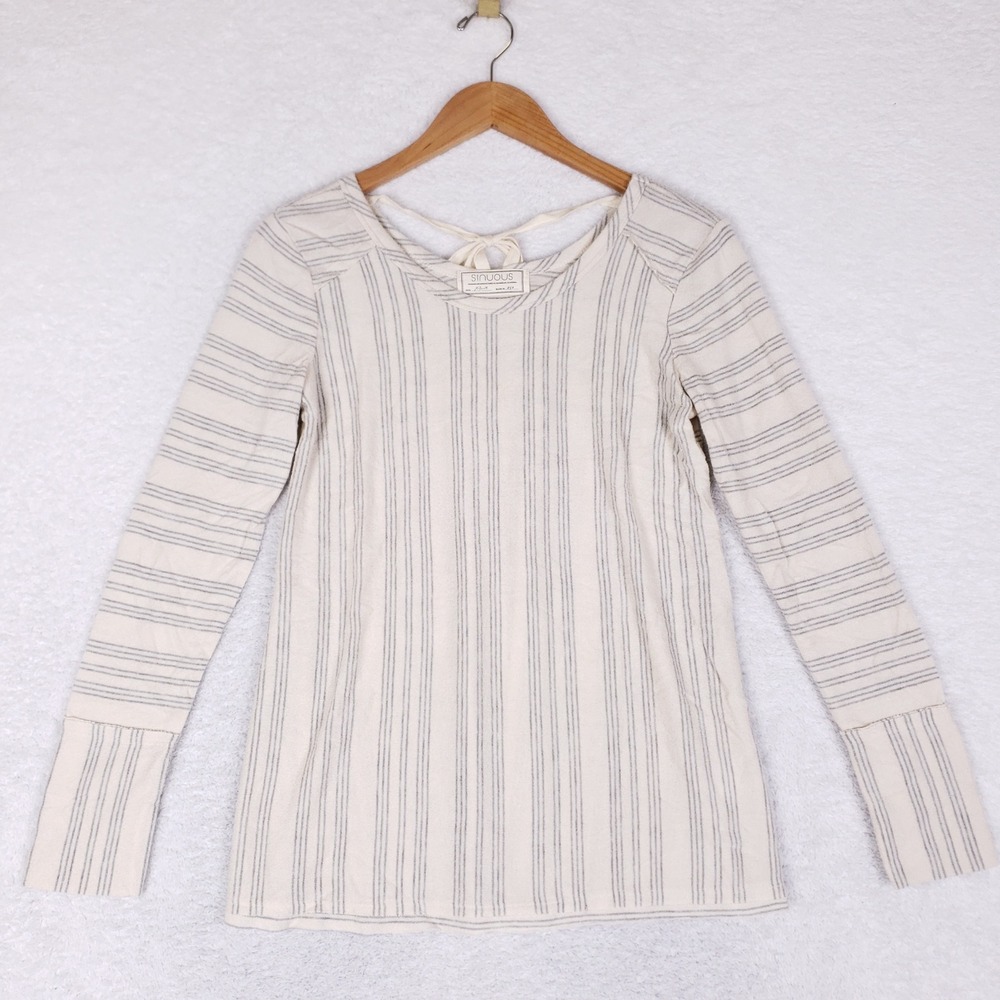 Sinuous Womens XS Striped Long Sleeve V-Neck Top Back Tie Cream Grey Coastal